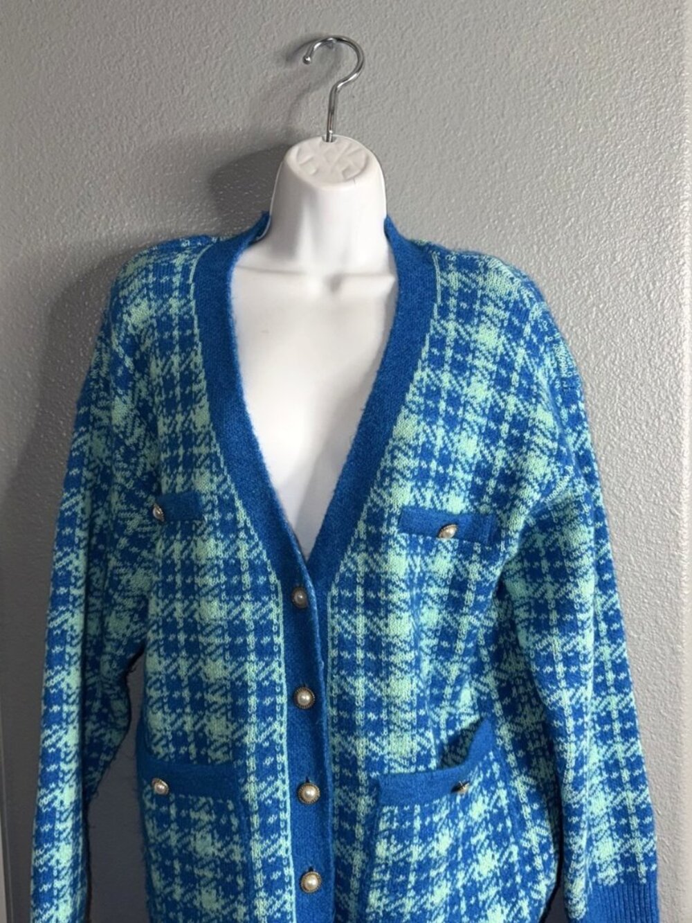 Zara Plaid Knit Cardigan Pearl Buttons Blue Mint Oversized S